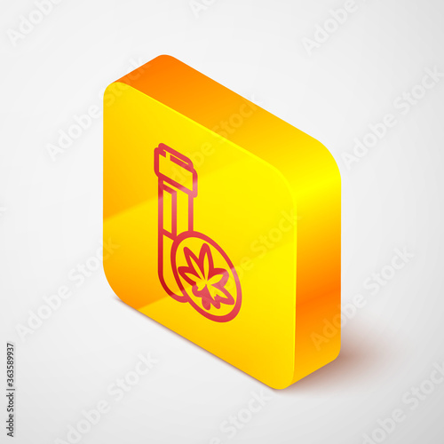 Isometric line Chemical test tube with marijuana or cannabis leaf icon isolated on grey background. Research concept. Laboratory CBD oil. Yellow square button. Vector Illustration.