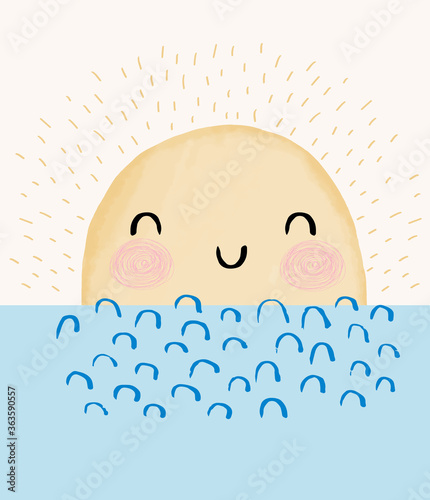 Cute Vector Illustration with Smiling Sunset Hiding Behind the Waves. Funny Hand Drawn Nursert Art with Lovely Kawaii Sun. Kid's Room Decoration. photo