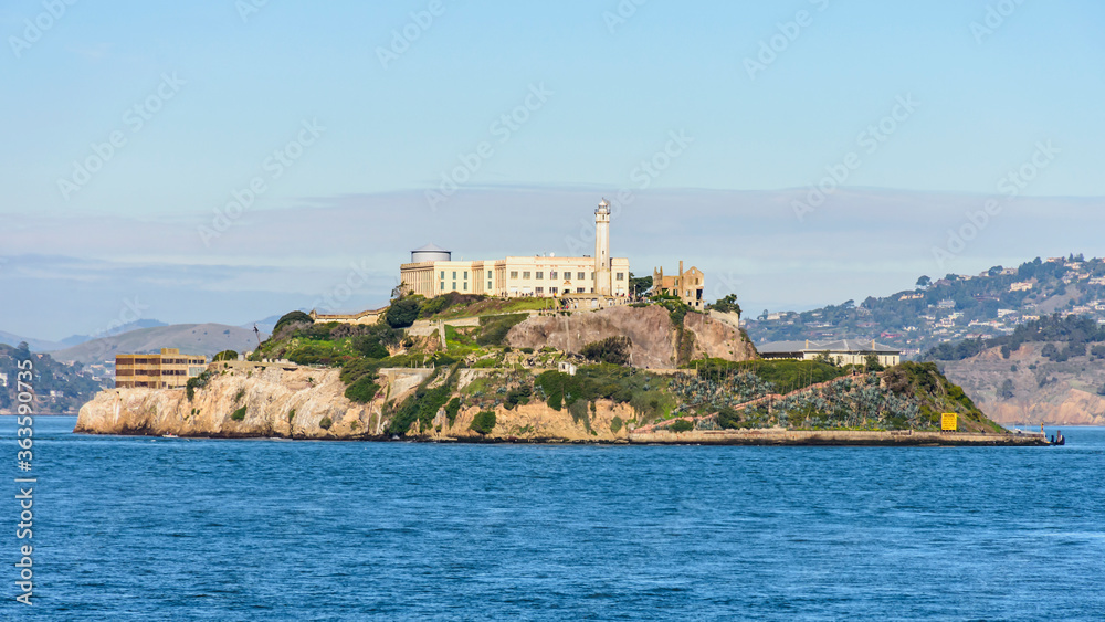 alcatraz island in san francisco bay as seen from one of the piers