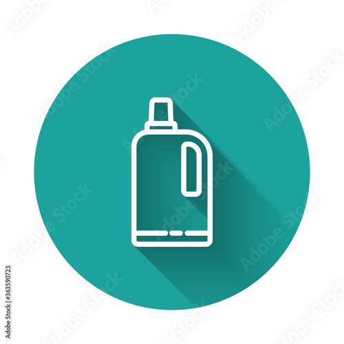 White line Fabric softener icon isolated with long shadow. Liquid laundry detergent, conditioner, cleaning agent, bleach. Green circle button. Vector Illustration.