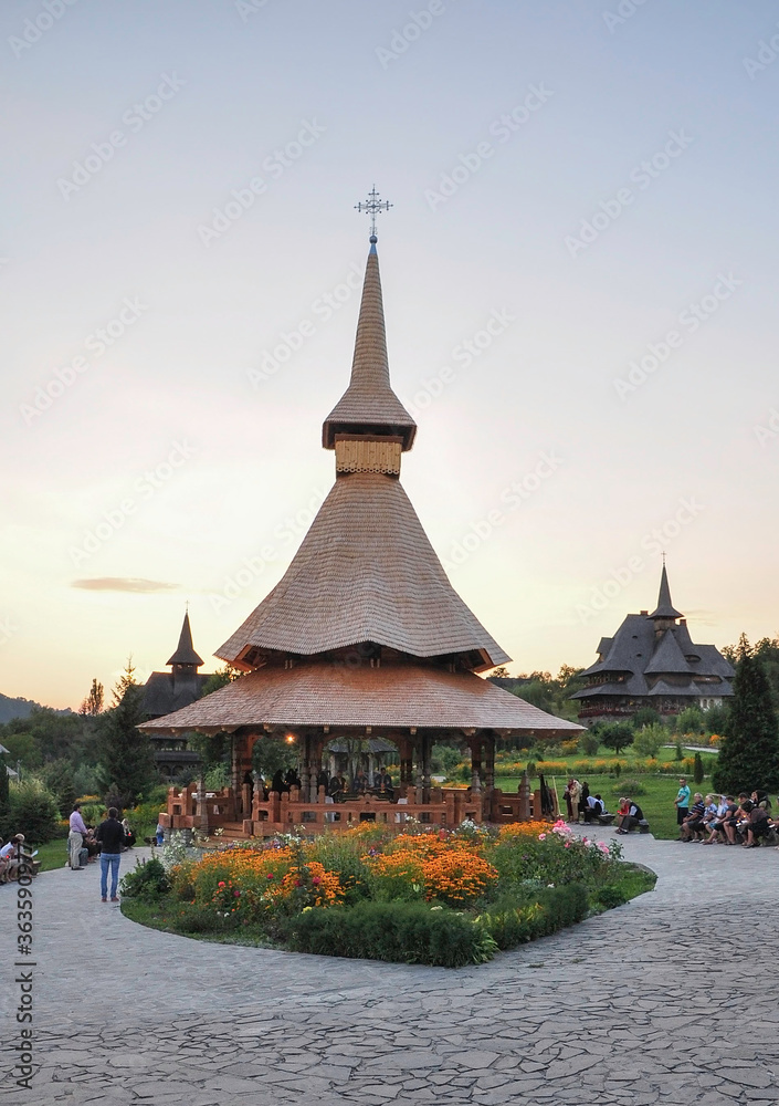 Barsana Monastery, Maramures, Romania, Europe, spring 2018. Celebration of August 14 in the afternoon at the Barsana Orthodox Monastery. It is one of the main points of interest in the Maramures area.