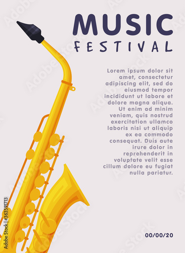 Music Festival Banner with Saxophone Musical Instrument and Place for Text, Advertisement Poster, Brochure, Flyer, Invitation Card Vector Illustration