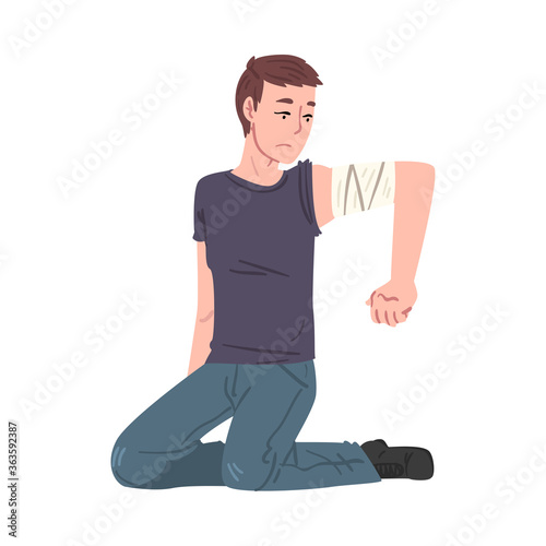 Young Man Sitting on his Knees with Bandaging Injured Arm, First Aid Conept Vector Illustration on White Background.
