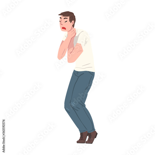 Young Man Holding his Neck Coughing and Choking Vector Illustration on White Background.