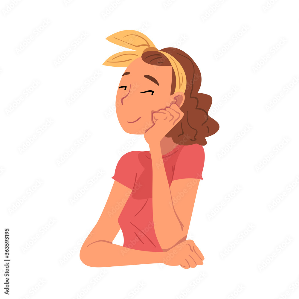Thoughtful Girl Sitting Supporting her Head by Hand, Relaxed Teen Girl Dreaming about Something Vector Illustration
