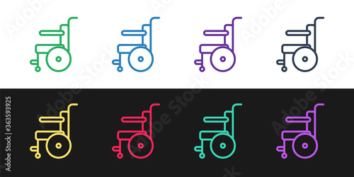 Set line Wheelchair for disabled person icon isolated on black and white background. Vector Illustration.