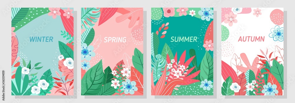 Naklejka premium Vector set floral background, Nature background,Four seasons, template, banner, cover, templates, postcard.