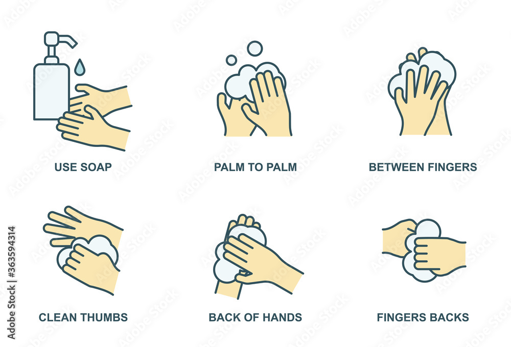 How to wash your hands properly color line icons. Hand hygiene vector illustration