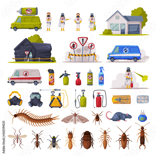 Home Pest Control Service Set, Exterminating and Protecting Equipment, Harmful Insects Vector Illustration