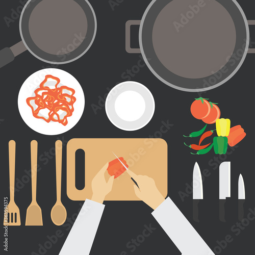 top view of  man working at kitchen table. vector illustration