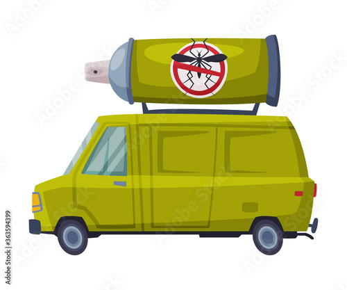 Pest Control Service Van, Exterminator Green Car Vector Illustration on White Background
