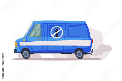 Pest Control Service Van, Exterminator Blue Truck Vector Illustration on White Background