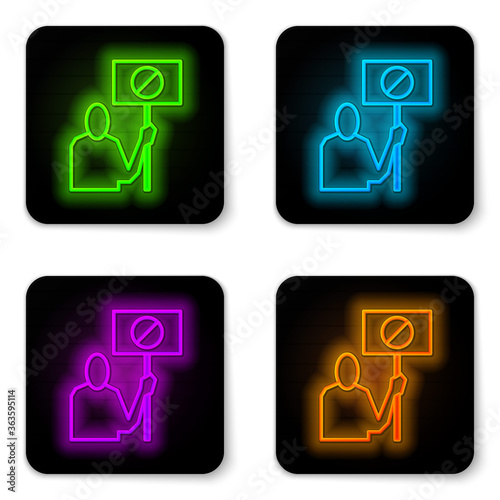 Glowing neon line Nature saving protest icon isolated on white background. Earth planet protection, environmental issues demonstration. Black square button. Vector Illustration.