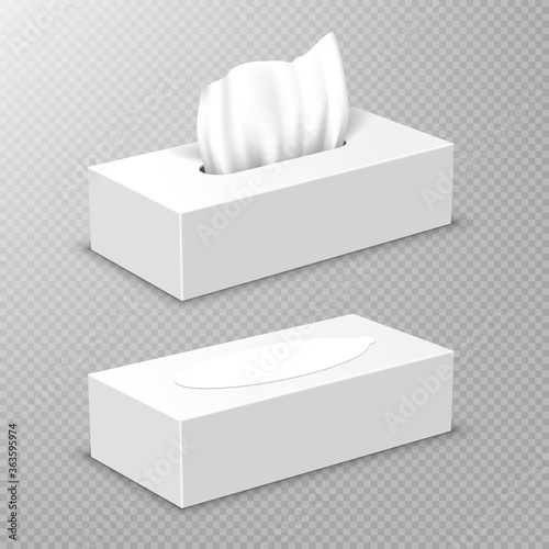 Box with white paper napkins. Vector realistic mockup of blank open and closed cardboard package with facial tissues or handkerchiefs, angle view isolated on transparent background