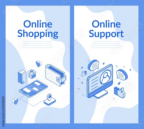 Online shopping support service concept, isometric set