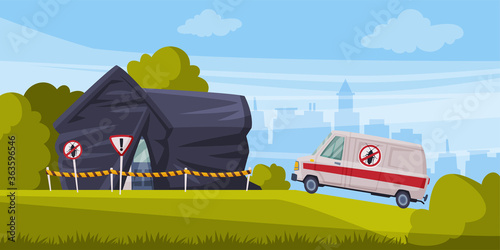 Disinfection of Suburban House, Home Pest Control Service and Exterminator Van Vector Illustration