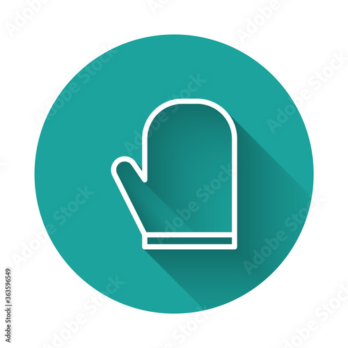 White line Oven glove icon isolated with long shadow. Kitchen potholder sign. Cooking glove. Green circle button. Vector Illustration.