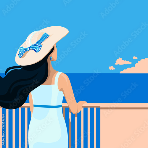 Girls in a hat with a bow. Flat illustration of summer background. Template for invitations, booklets and posters.