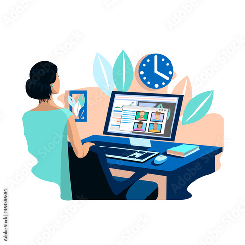 The girl works at home at the computer. Video conference. Frellance. Vector illustration in a flat style.