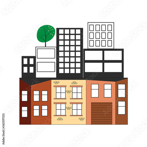 Retro architecture buildings and new, modern skyscraper glass towers. Old and new house. Urban area. Colorful vector illustration in flat style isolated on white background