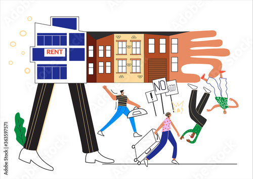 Changing neighborhood. People are moving from neighbourhood to cheaper location.  Contrast between new modern buildings and old house. Gentrification protest. Flat vector cartoon illustration 