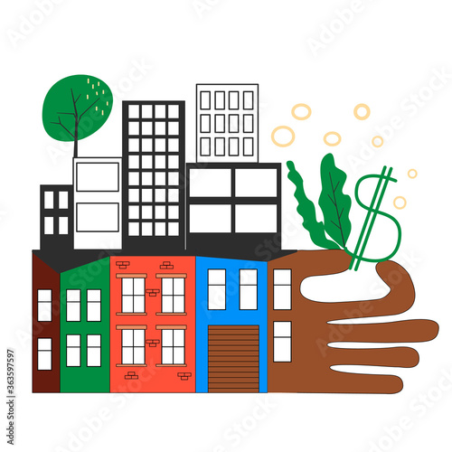 Neighborhood gentrification. Contrast between new modern buildings and old house. Before and after renovation. Real estate investing, restructuring. Flat vector illustration isolated on white back