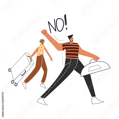 Man and women are marching to protest against gentrification. Young  character with a bag and a suitcase moving from one neighbourhood to another, cheaper location.  Flat vector illustration