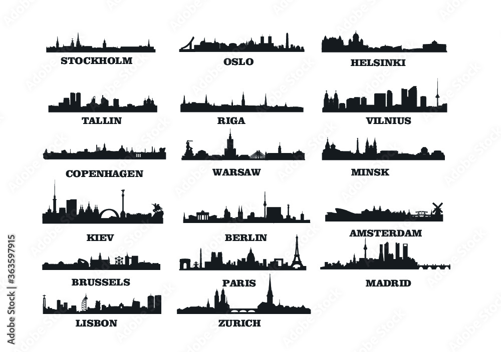 set of cities silhouette
