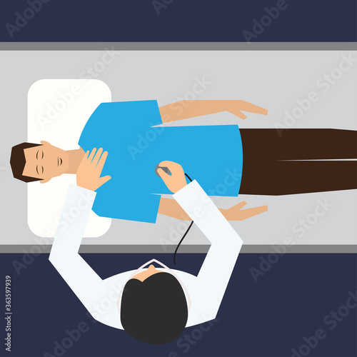 top view of doctor's table in doctor's room full of medical stuff. vector illustration