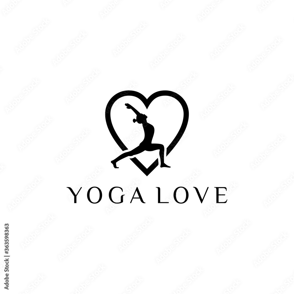 Fototapeta premium Love Yoga Monogram Logo Design with Feminine Heart and Sun Symbol in Black and White Minimalist Style for Wellness Spa Branding