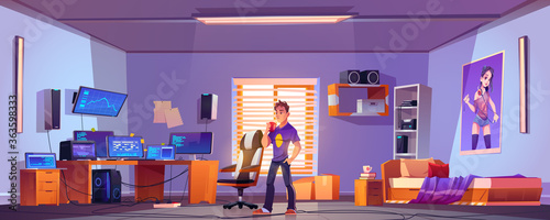 Teenager drinks coffee in bedroom with workspace with computer monitors on desk, chair and printer on shelf. Vector cartoon interior room of gamer, programmer or hacker