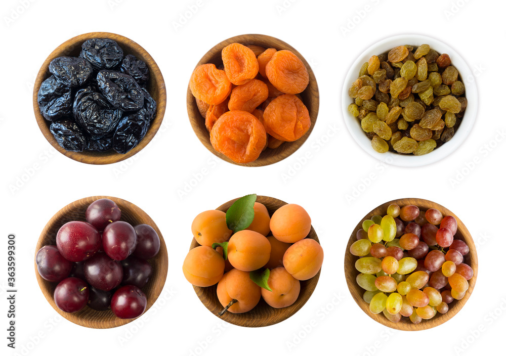 Obraz premium Raisins, grapes, dried apricots, apricots, dried prune and plums isolated on white background. Collage of fresh fruits, dried fruits. Top view. Dried fruits and fresh fruits with copy space for text.