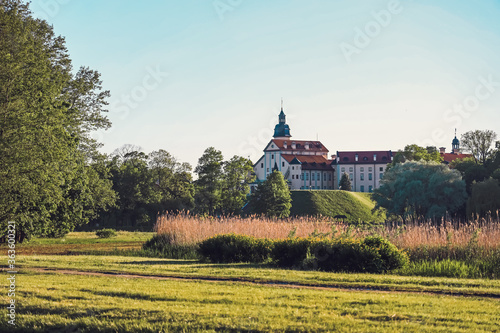 Scenery view of Medieval castle on green scenic park background  Medieval castle view  tourism attractiveness  europe tourism facilities  Nesvizh Castle of Radzivil family  Belarus