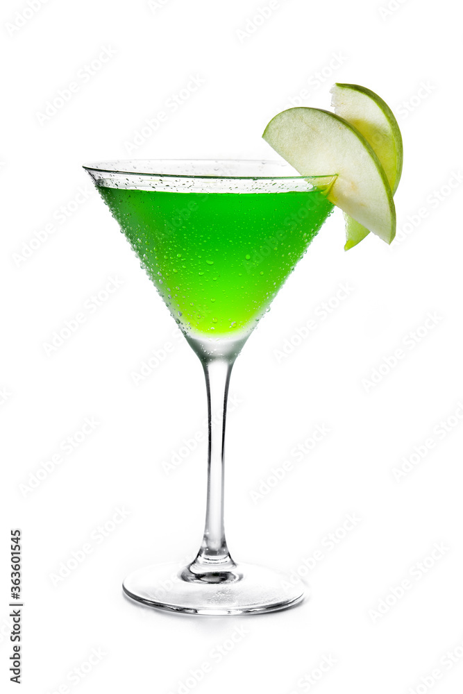 Green appletini cocktail in glass isolated on white background