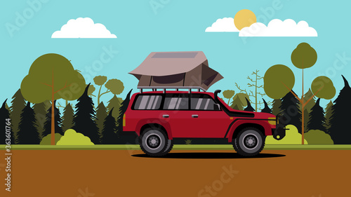 Vector illustration of flat design red off road vehicle car camping with roof top tent with nature scene