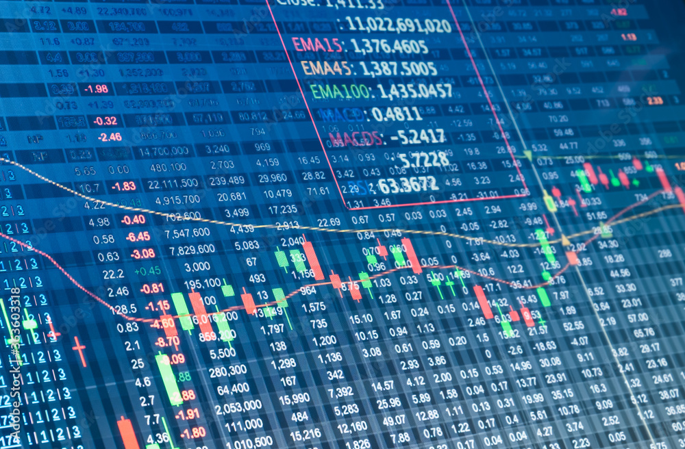Fototapeta premium Double exposure stocks market chart, Stock market data on LED display concept.