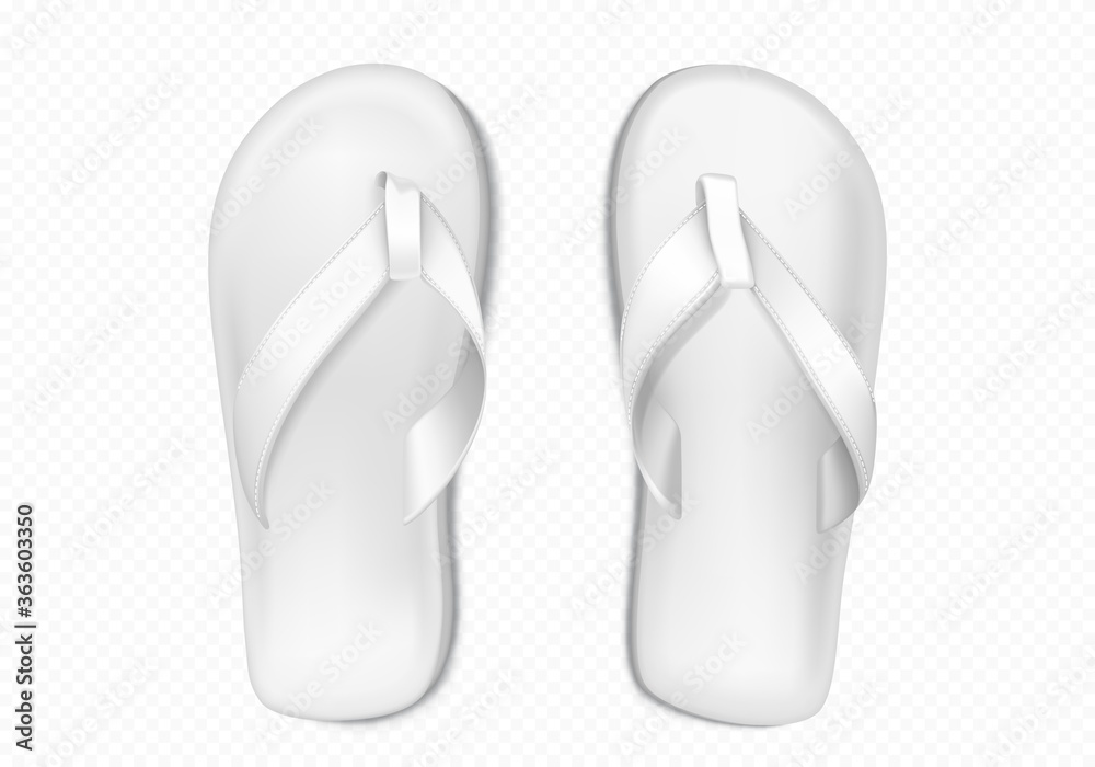 White summer slippers for beach or pool isolated on transparent background.  Vector realistic mockup of blank flip flops, plastic sandals with thong, rubber  shoes for household or sea vacation Stock Vector