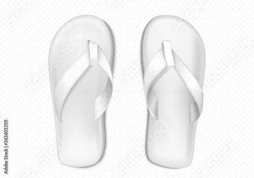 White summer slippers for beach or pool isolated on transparent background. Vector realistic mockup of blank flip flops, plastic sandals with thong, rubber shoes for household or sea vacation
