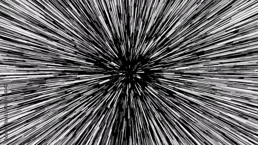 Space travel through stars trails. Hyper jump into another galaxy.