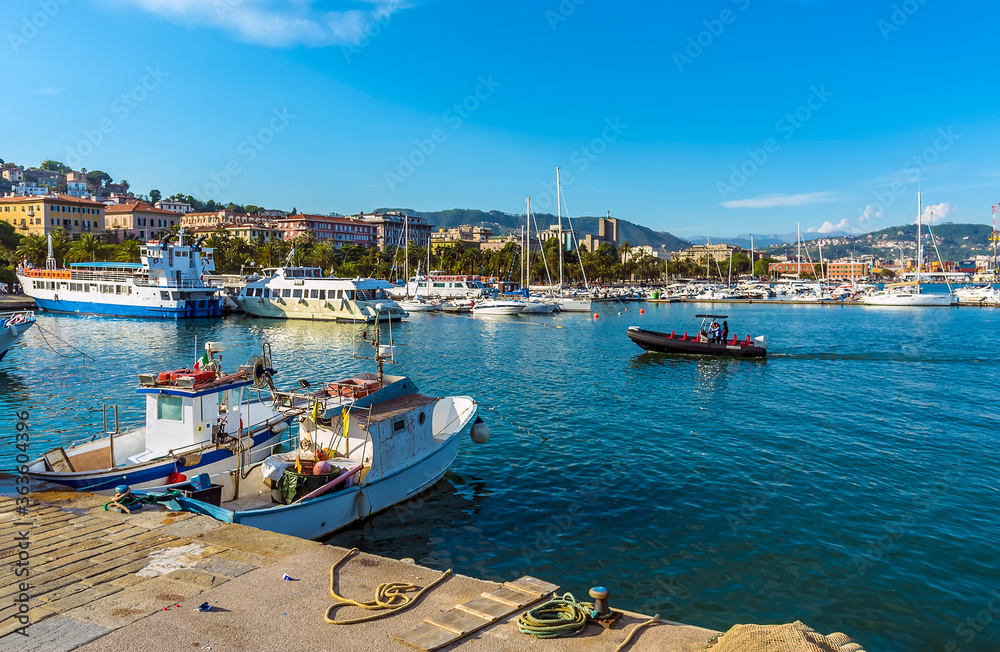 A view across the marina looking back to the shore in La Spezia, Italy in summer