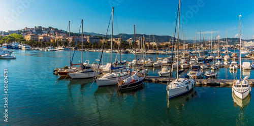 A view of yachts in the harbour and the shore in La Spezia, Italy in summer