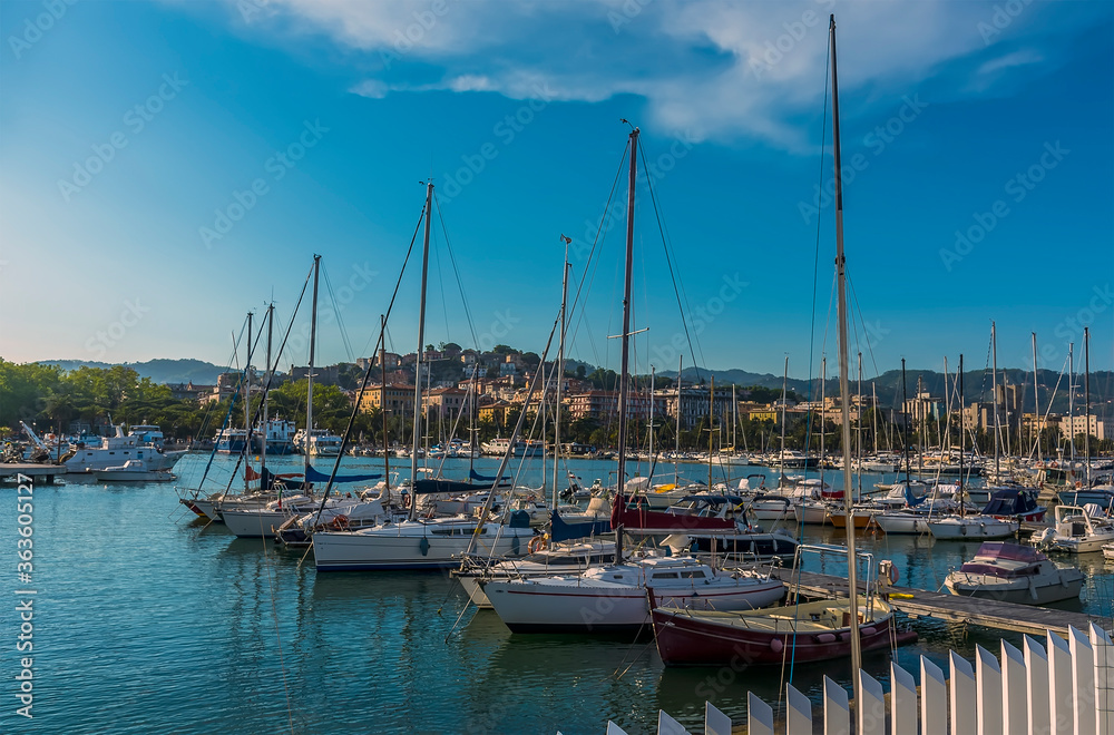 A view across the marina to the shore at La Spezia, Italy in summer