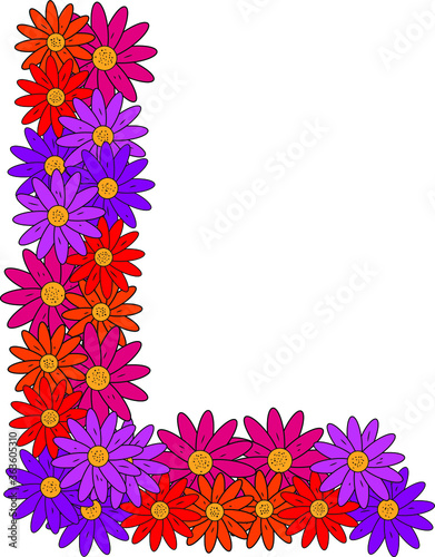 Obraz na płótnie Flower font. The letter L Many colored flower heads. Inflorescence. Bright petals. Purple, pink, red, orange. Romantic summer lettering w salonie