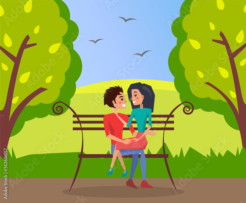 Romantic illustration of young couple in park on bench. Girl sits on guy's lap. Romantic date. Love theme. Love and friendship. A summer park with trees and bushes. Birds in the sky. Flat image