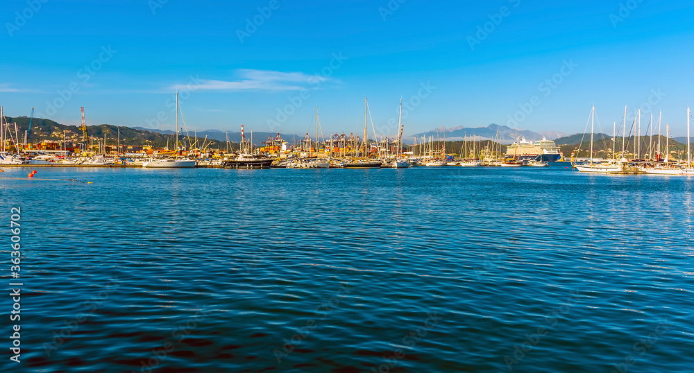A wide-angle view across the harbour and docks at La Spezia, Italy in summer