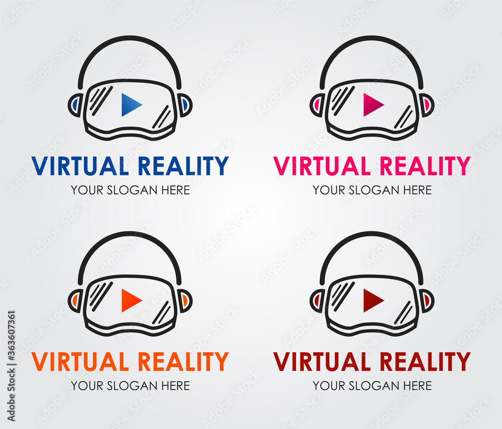 Obraz premium Social Virtual Reality Logo Concept. Modern Technology Symbol Template Isolated on Gray Background. Head-mounted display icon. Modern gaming device. Simulation smartglasses vector illustration.