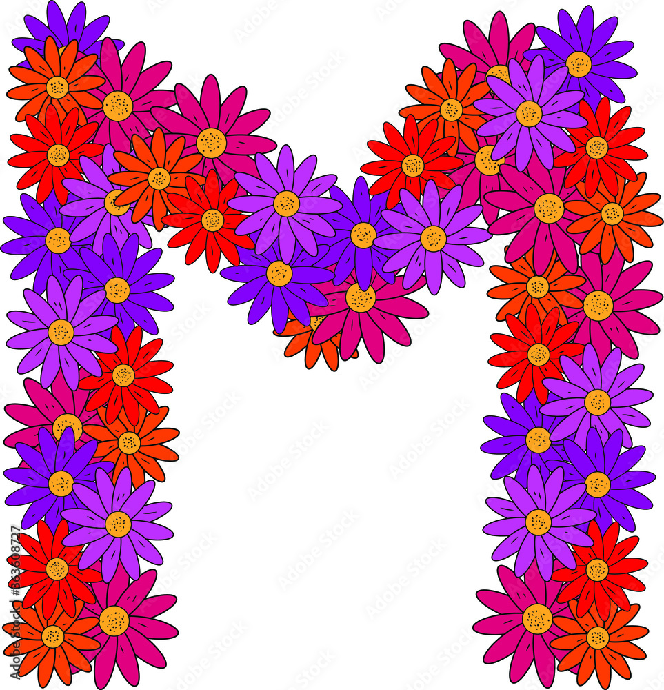 Flower font. The letter M. Many colored flower heads. Inflorescence. Bright petals. Purple, pink, red, orange. Romantic summer lettering