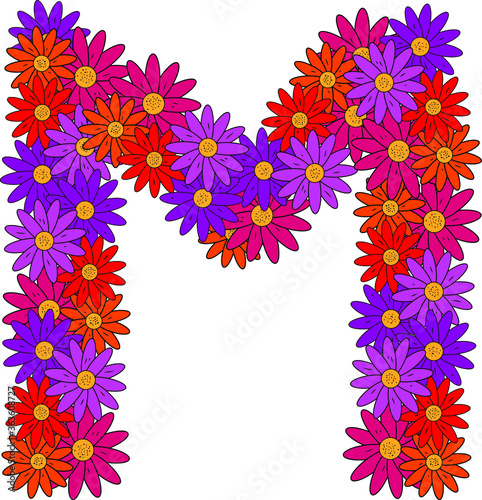 Obraz na płótnie Flower font. The letter M. Many colored flower heads. Inflorescence. Bright petals. Purple, pink, red, orange. Romantic summer lettering w salonie