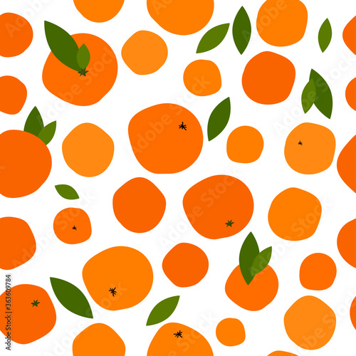 seamless pattern with bright orange citruses on a white background. ripe oranges  tangerines and leaves.