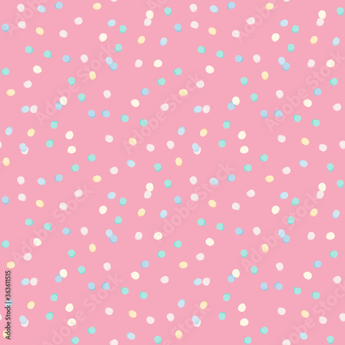 Bright seamless polka dot pattern with pink background. Blue and white colored dots.